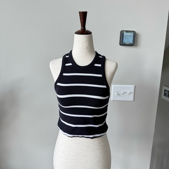 Mauve Cropped Black and White Striped Ribbed Tank Top - Picture 6 of 9
